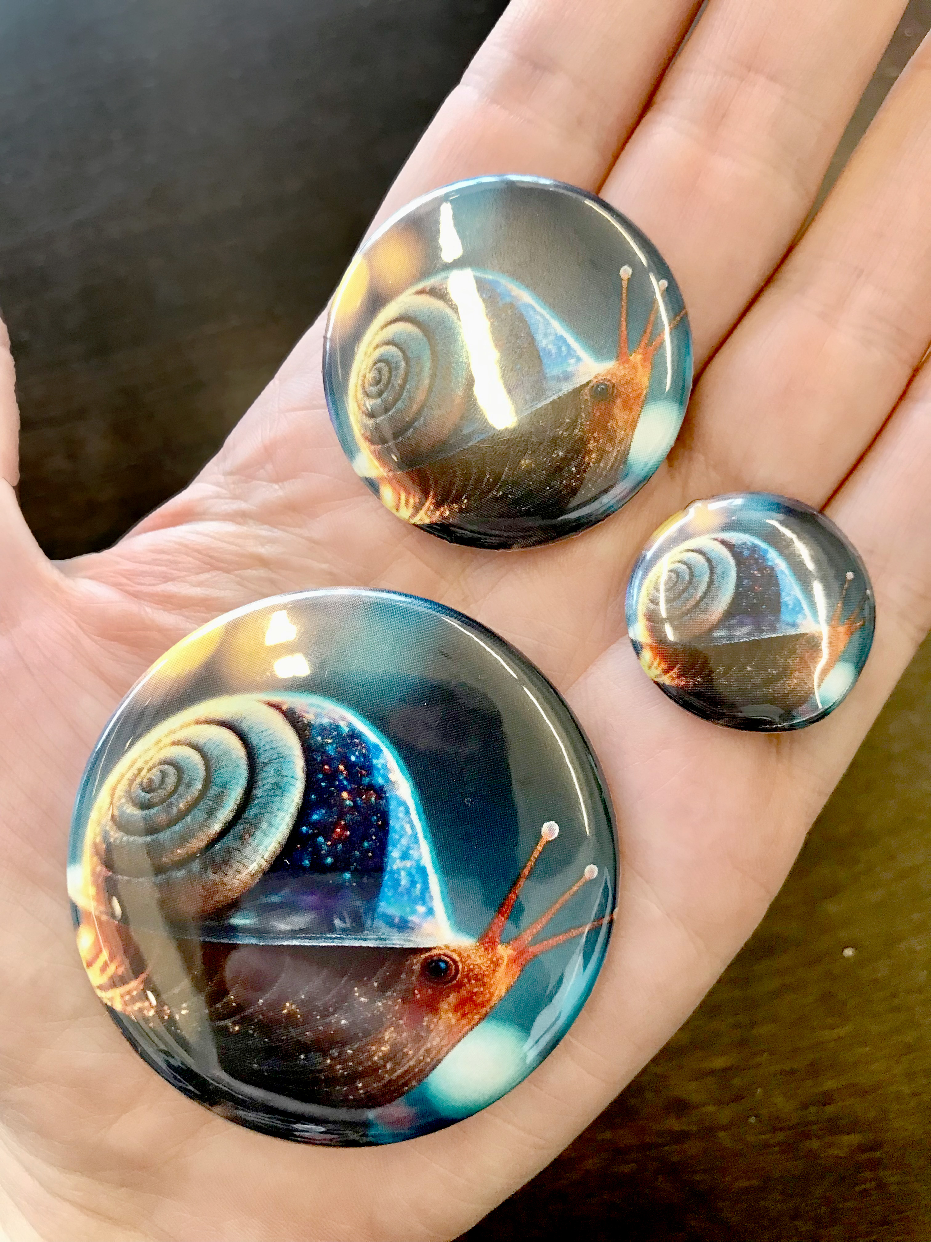 On an open palm sit three buttons of different sizes, each with a picture of a snail.